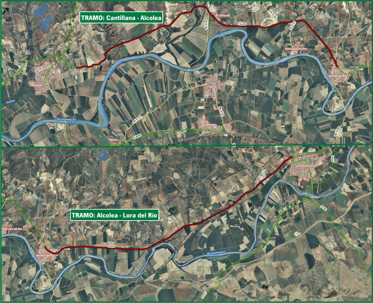 Mapa de situación del eje viario de la A-436 en la margen derecha del Guadalquivir.